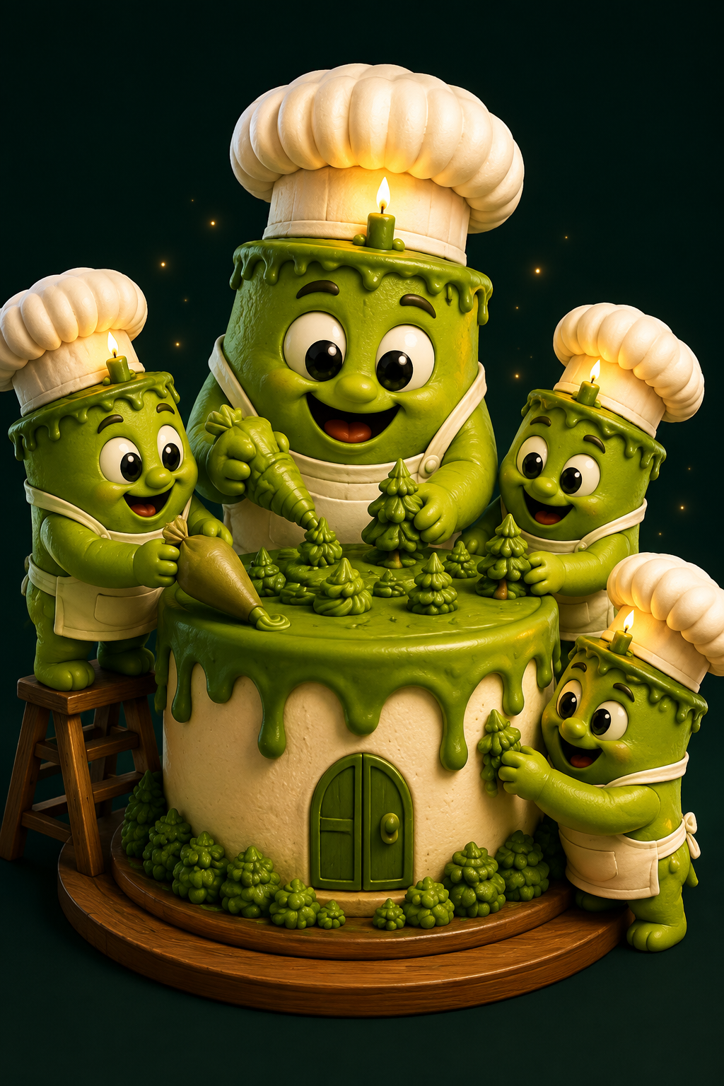 Green Candle Cake building together