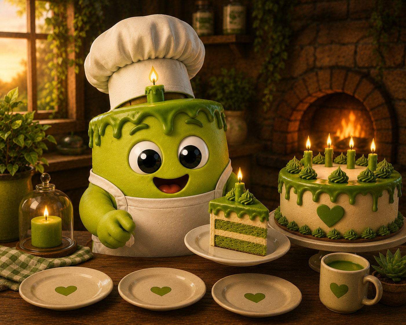 The smiling Green Candle Cake mascot wearing a chef hat beside a green candle cake.